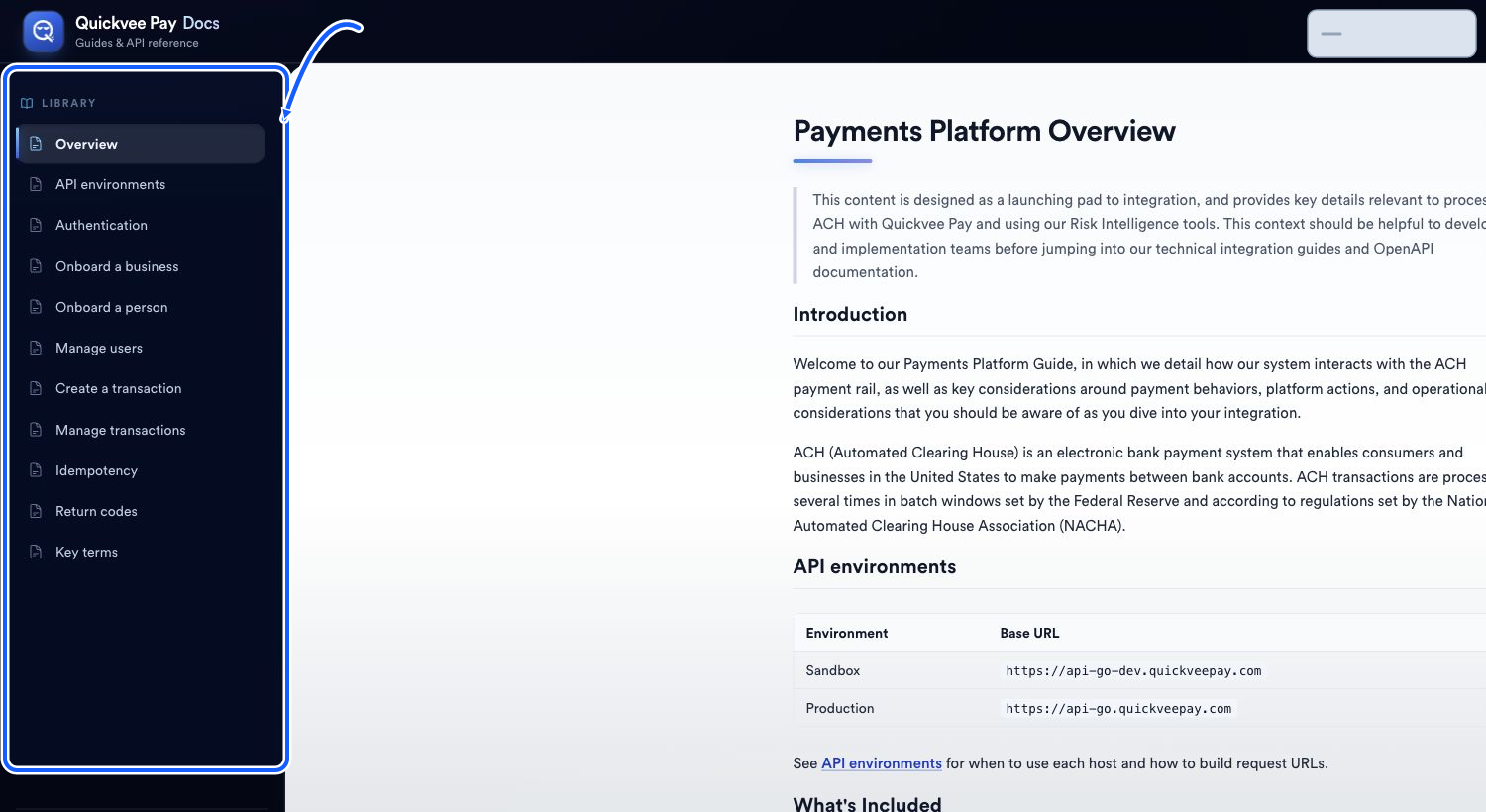 Quickvee Pay screen showing how to start with overview