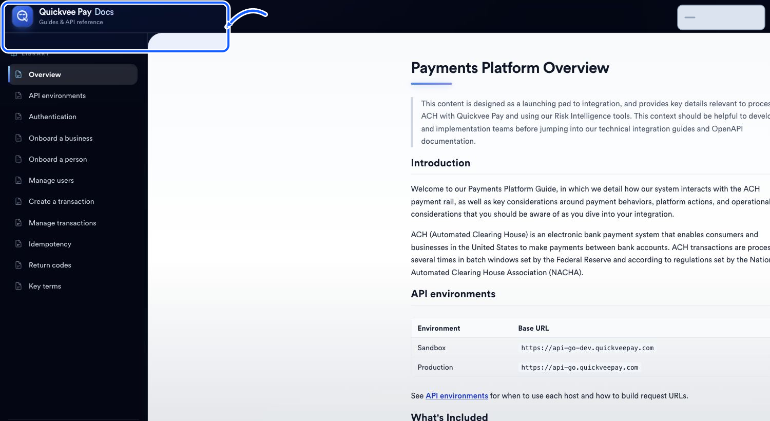Quickvee Pay Docs with Payments Platform Overview and the API guide library