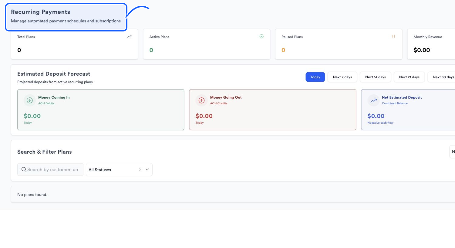 Recurring Payments page with plan metrics, deposit forecast, and plan search and status filters