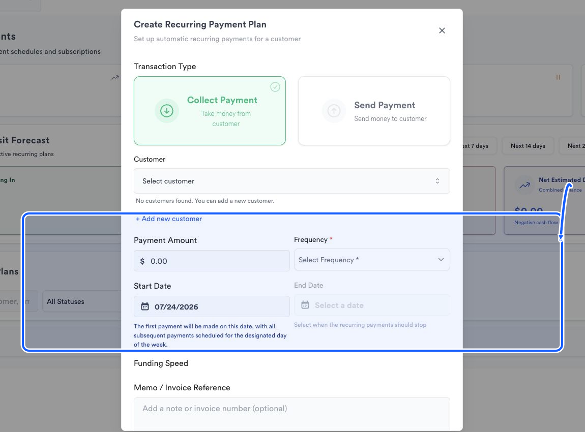 Create Recurring Payment Plan form with Frequency, Start Date, and End Date controls