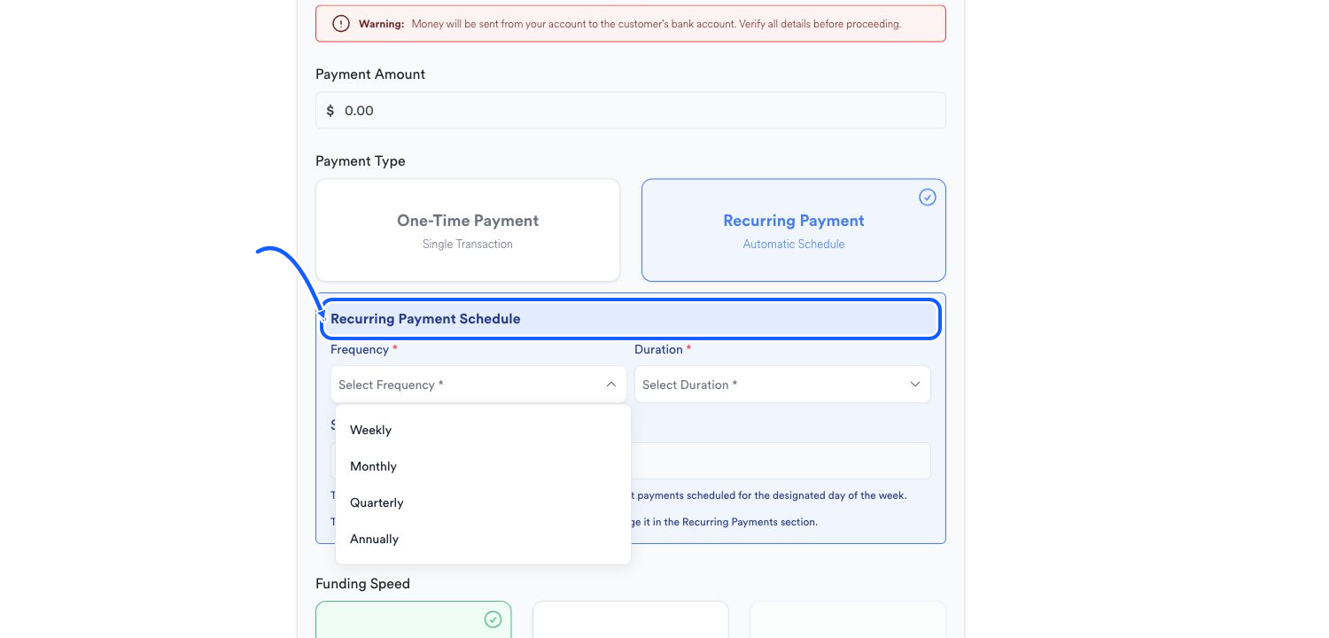 Quickvee Pay screen showing how to set the schedule
