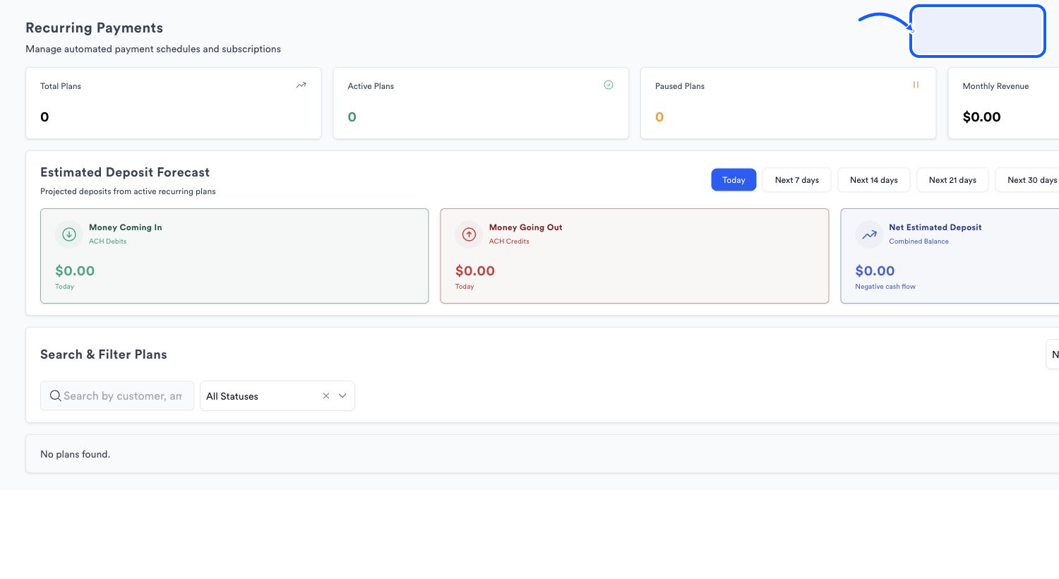 Quickvee Pay screen showing how to start a new plan