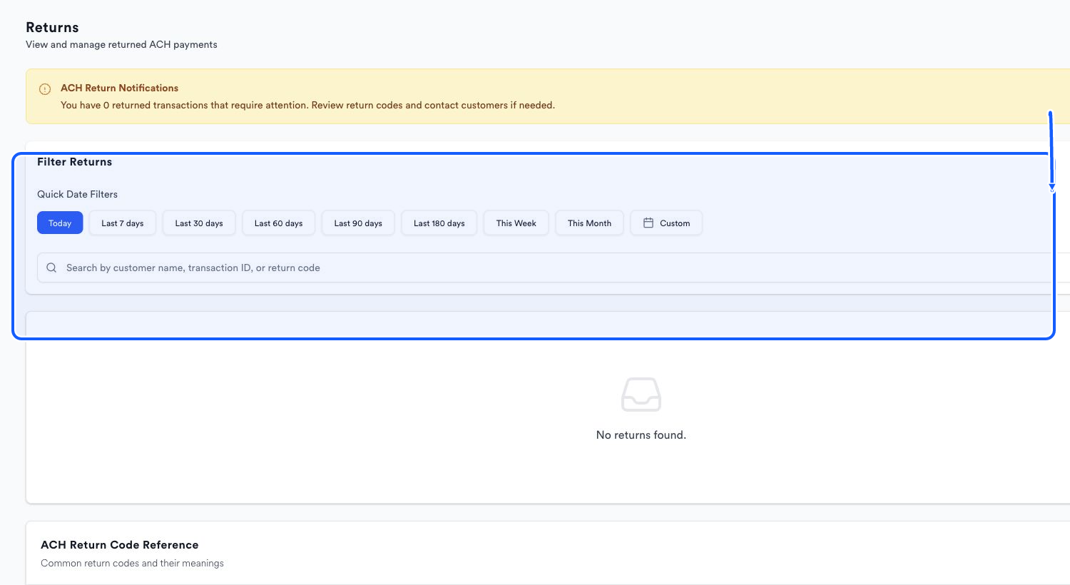 Quickvee Pay screen showing how to filter and search