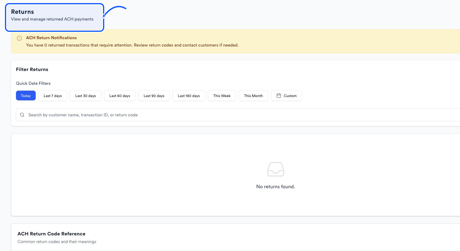 Returns page with ACH Return Notifications, date filters, return search, and ACH Return Code Reference
