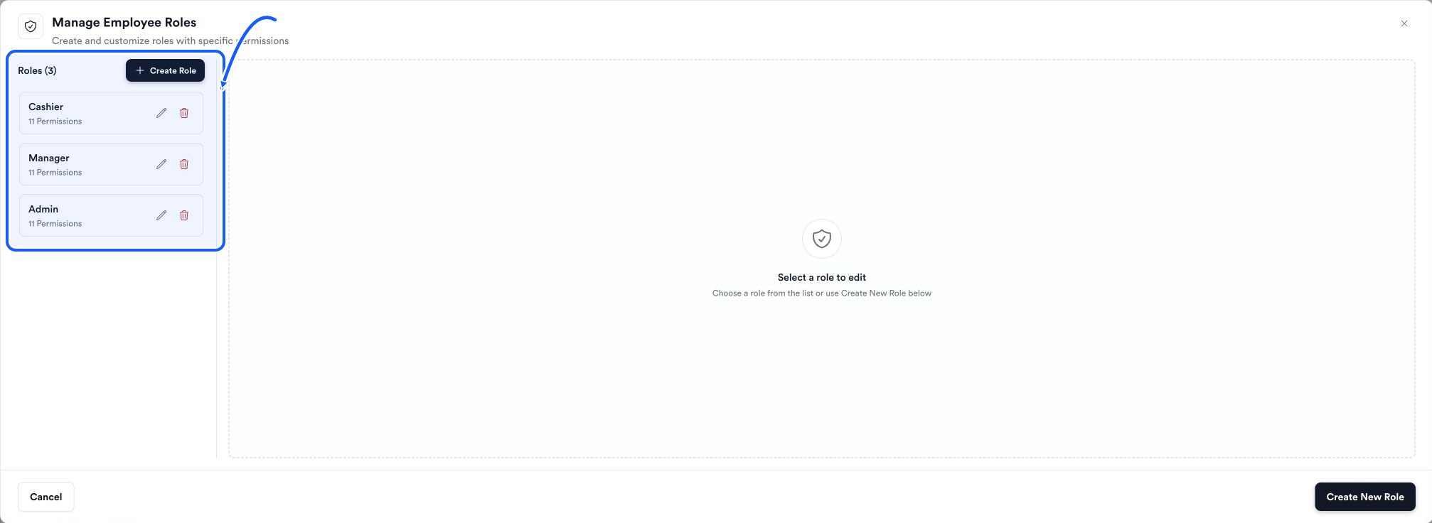 Quickvee Pay screen showing how to open manage roles
