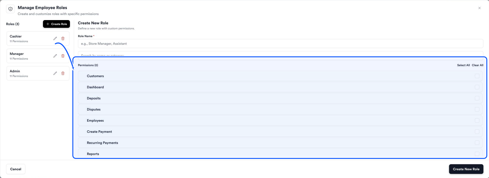 Quickvee Pay screen showing how to select only required permissions