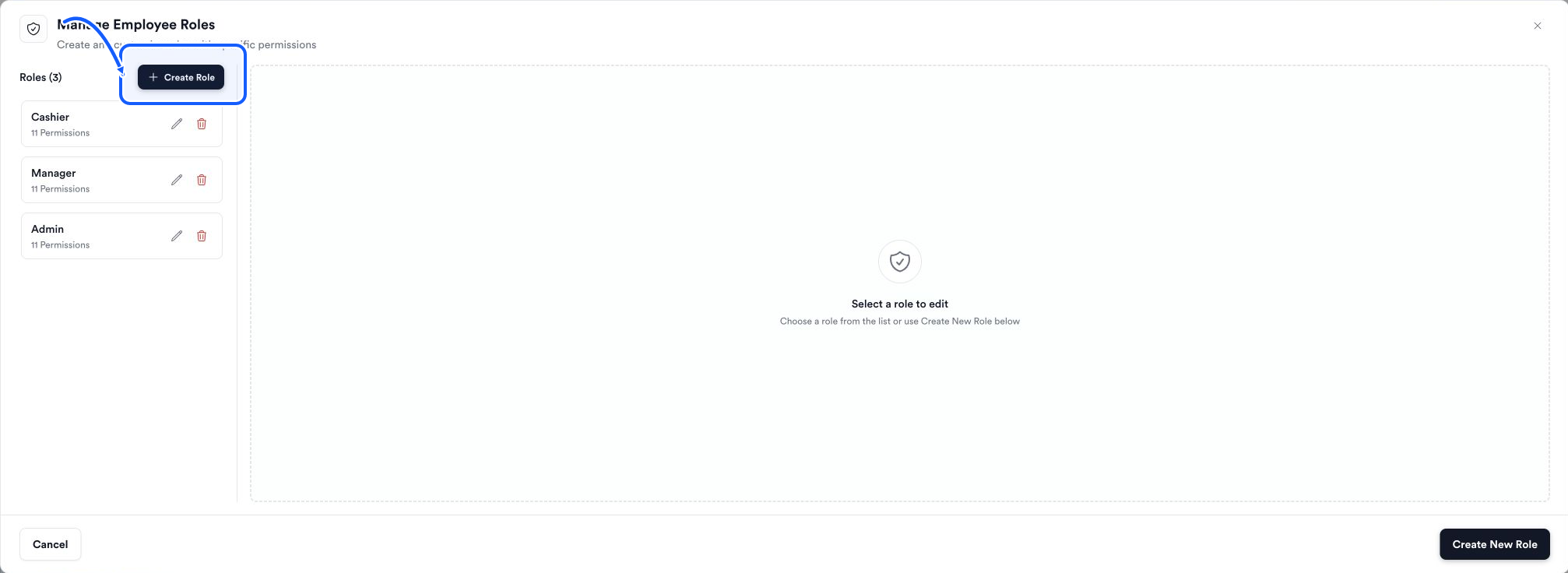 Quickvee Pay screen showing how to start a custom role