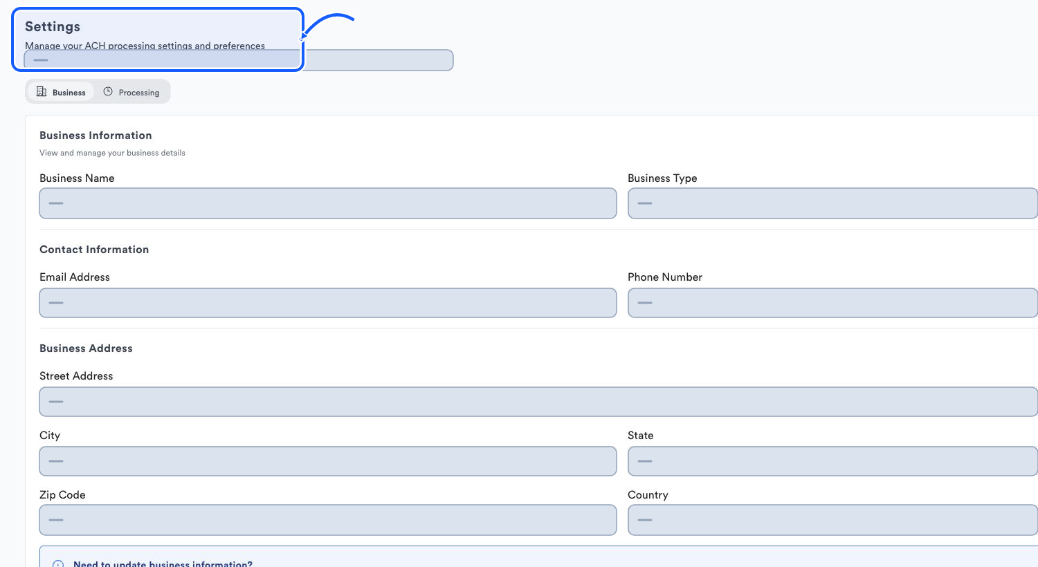 Quickvee Pay screen showing how to open business settings