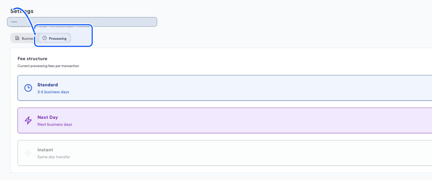 Quickvee Pay screen showing how to open processing settings