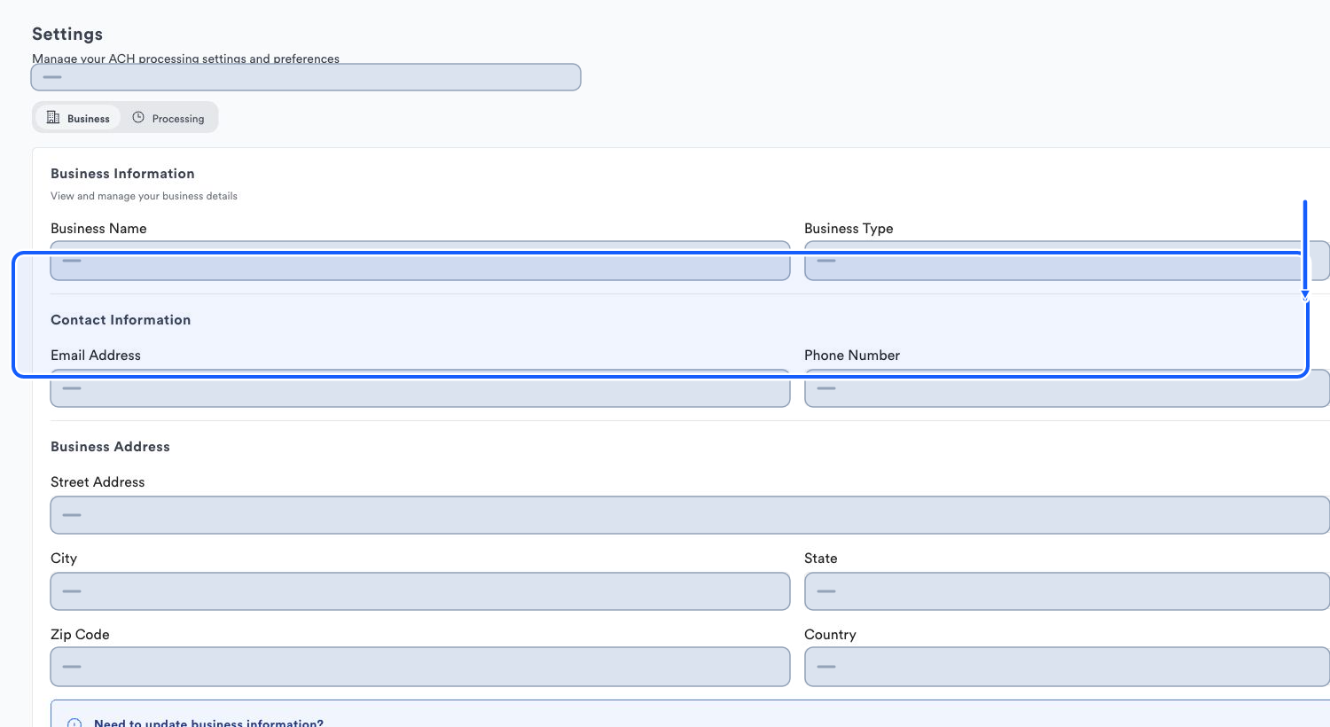 Quickvee Pay screen showing how to request registered-detail changes