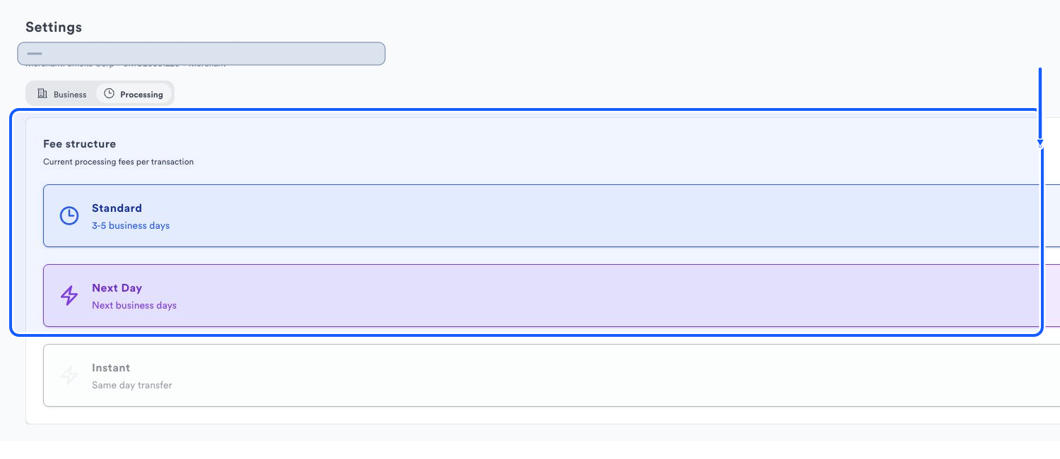 Quickvee Pay Processing settings with Standard, Next Day, and Instant funding-speed cards